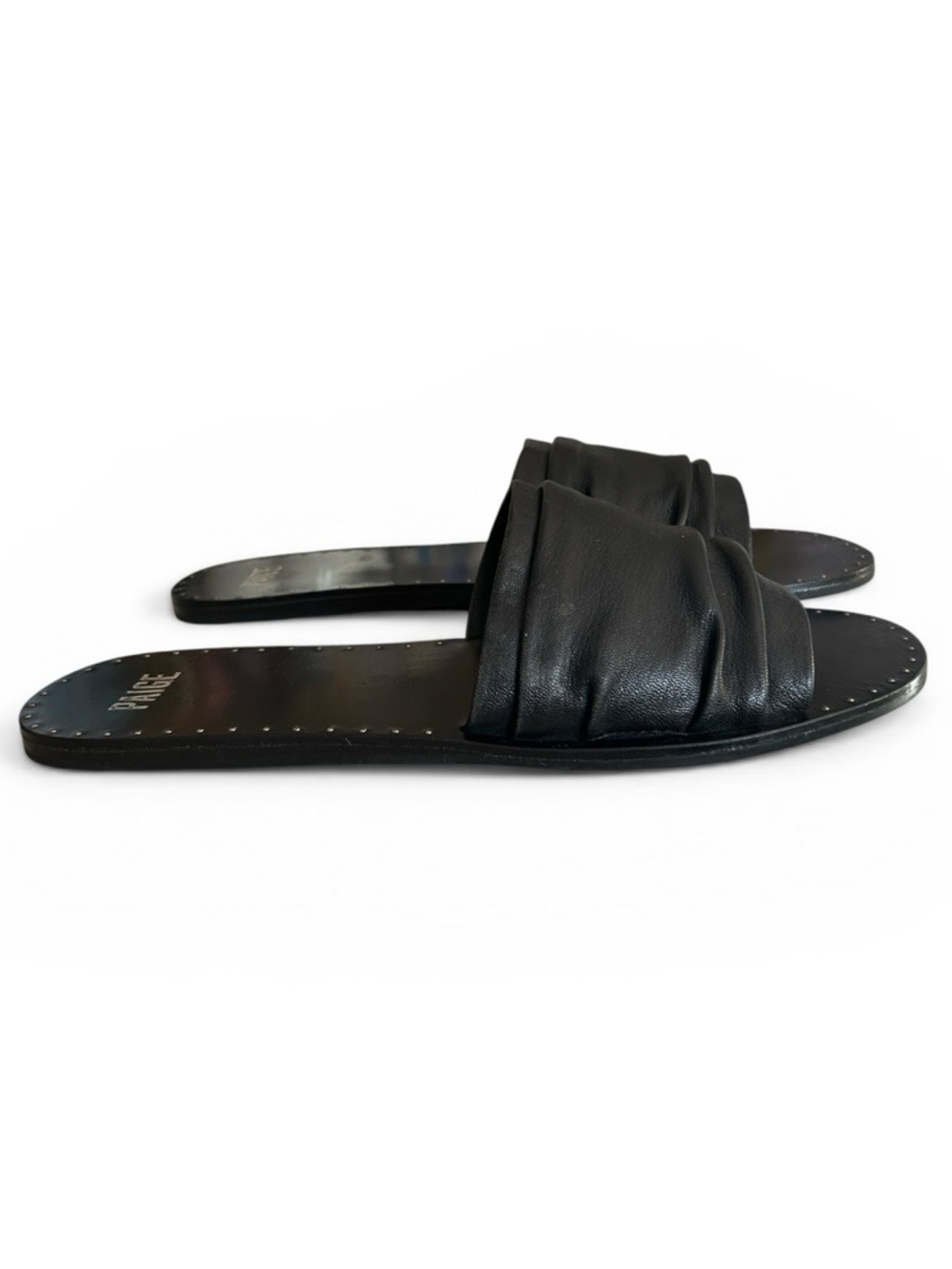 PAIGE Emilia Black Leather Slide Sandals with Ruched Strap Studded Detail Sz 10 - Picture 4 of 7